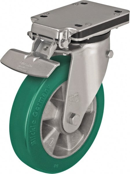 Blickle - 8" Diam x 2" Wide x 10-5/16" OAH Top Plate Mount Swivel Caster with Brake - Polyurethane-Elastomer Blickle Softhane, 1,320 Lb Capacity, Ball Bearing, 5-1/2 x 4-3/8" Plate - Exact Tooling