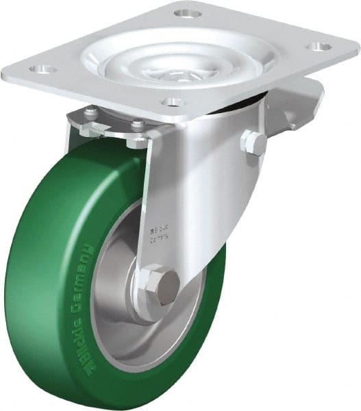 Blickle - 5" Diam x 1-37/64" Wide x 6-7/64" OAH Top Plate Mount Swivel Caster with Brake - Polyurethane-Elastomer Blickle Softhane, 770 Lb Capacity, Ball Bearing, 5-1/2 x 4-3/8" Plate - Exact Tooling