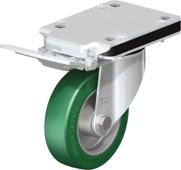 Blickle - 5" Diam x 1-37/64" Wide x 10-5/16" OAH Top Plate Mount Swivel Caster with Brake - Polyurethane-Elastomer Blickle Softhane, 770 Lb Capacity, Ball Bearing, 5-1/2 x 4-3/8" Plate - Exact Tooling