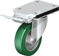 Blickle - 5" Diam x 1-37/64" Wide x 10-5/16" OAH Top Plate Mount Swivel Caster with Brake - Polyurethane-Elastomer Blickle Softhane, 770 Lb Capacity, Ball Bearing, 5-1/2 x 4-3/8" Plate - Exact Tooling