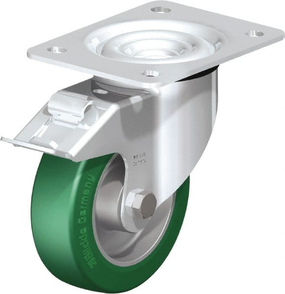 Blickle - 5" Diam x 1-37/64" Wide x 6-7/64" OAH Top Plate Mount Swivel Caster with Brake - Polyurethane-Elastomer Blickle Softhane, 770 Lb Capacity, Ball Bearing, 5-1/2 x 4-3/8" Plate - Exact Tooling