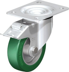 Blickle - 5" Diam x 1-37/64" Wide x 6-7/64" OAH Top Plate Mount Swivel Caster with Brake - Polyurethane-Elastomer Blickle Softhane, 770 Lb Capacity, Ball Bearing, 5-1/2 x 4-3/8" Plate - Exact Tooling