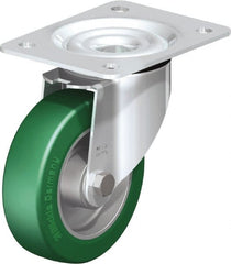 Blickle - 5" Diam x 1-37/64" Wide x 6-7/64" OAH Top Plate Mount Swivel Caster - Polyurethane-Elastomer Blickle Softhane, 770 Lb Capacity, Ball Bearing, 5-1/2 x 4-3/8" Plate - Exact Tooling