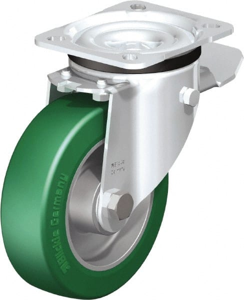 Blickle - 5" Diam x 1-37/64" Wide x 6-7/64" OAH Top Plate Mount Swivel Caster with Brake - Polyurethane-Elastomer Blickle Softhane, 770 Lb Capacity, Ball Bearing, 3-15/16 x 3-3/8" Plate - Exact Tooling