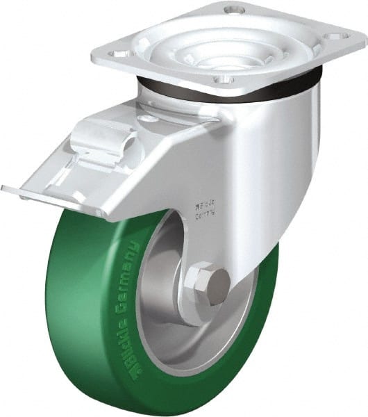 Blickle - 5" Diam x 1-37/64" Wide x 6-7/64" OAH Top Plate Mount Swivel Caster with Brake - Polyurethane-Elastomer Blickle Softhane, 770 Lb Capacity, Ball Bearing, 3-15/16 x 3-3/8" Plate - Exact Tooling