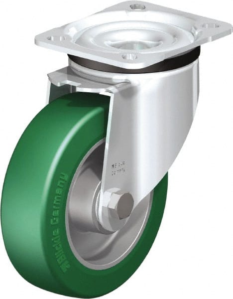 Blickle - 5" Diam x 1-37/64" Wide x 6-7/64" OAH Top Plate Mount Swivel Caster - Polyurethane-Elastomer Blickle Softhane, 770 Lb Capacity, Ball Bearing, 3-15/16 x 3-3/8" Plate - Exact Tooling