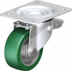 Blickle - 4" Diam x 1-37/64" Wide x 5-7/64" OAH Top Plate Mount Swivel Caster with Brake - Polyurethane-Elastomer Blickle Softhane, 660 Lb Capacity, Ball Bearing, 5-1/2 x 4-3/8" Plate - Exact Tooling