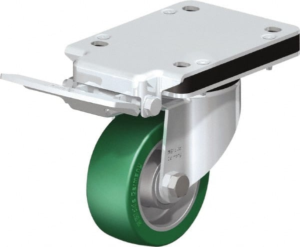 Blickle - 4" Diam x 1-37/64" Wide x 10-5/16" OAH Top Plate Mount Swivel Caster with Brake - Polyurethane-Elastomer Blickle Softhane, 660 Lb Capacity, Ball Bearing, 5-1/2 x 4-3/8" Plate - Exact Tooling