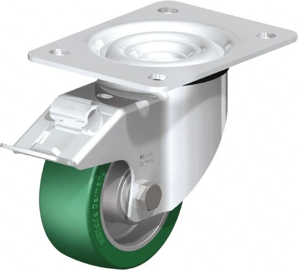 Blickle - 4" Diam x 1-37/64" Wide x 5-7/64" OAH Top Plate Mount Swivel Caster with Brake - Polyurethane-Elastomer Blickle Softhane, 660 Lb Capacity, Ball Bearing, 5-1/2 x 4-3/8" Plate - Exact Tooling