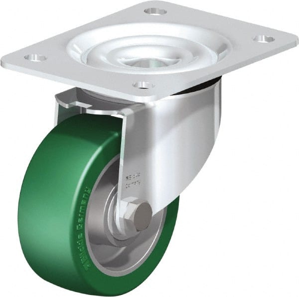 Blickle - 4" Diam x 1-37/64" Wide x 5-7/64" OAH Top Plate Mount Swivel Caster - Polyurethane-Elastomer Blickle Softhane, 660 Lb Capacity, Ball Bearing, 5-1/2 x 4-3/8" Plate - Exact Tooling