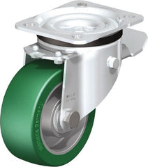 Blickle - 4" Diam x 1-37/64" Wide x 5-7/64" OAH Top Plate Mount Swivel Caster with Brake - Polyurethane-Elastomer Blickle Softhane, 660 Lb Capacity, Ball Bearing, 3-15/16 x 3-3/8" Plate - Exact Tooling