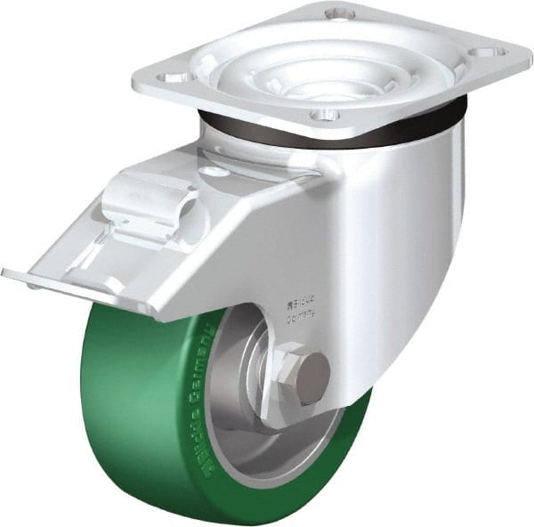 Blickle - 4" Diam x 1-37/64" Wide x 5-7/64" OAH Top Plate Mount Swivel Caster with Brake - Polyurethane-Elastomer Blickle Softhane, 660 Lb Capacity, Ball Bearing, 3-15/16 x 3-3/8" Plate - Exact Tooling