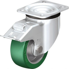 Blickle - 4" Diam x 1-37/64" Wide x 5-7/64" OAH Top Plate Mount Swivel Caster with Brake - Polyurethane-Elastomer Blickle Softhane, 660 Lb Capacity, Ball Bearing, 3-15/16 x 3-3/8" Plate - Exact Tooling