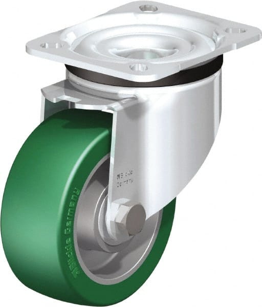 Blickle - 4" Diam x 1-37/64" Wide x 5-7/64" OAH Top Plate Mount Swivel Caster - Polyurethane-Elastomer Blickle Softhane, 660 Lb Capacity, Ball Bearing, 3-15/16 x 3-3/8" Plate - Exact Tooling