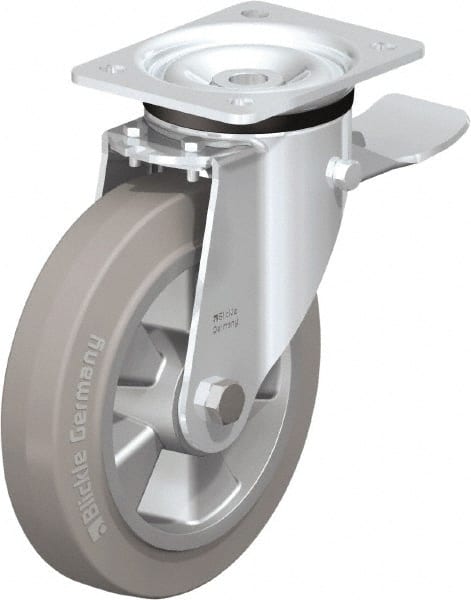 Blickle - 8" Diam x 1-31/32" Wide x 9-41/64" OAH Top Plate Mount Swivel Caster with Brake - Solid Rubber, 1,100 Lb Capacity, Ball Bearing, 5-1/2 x 4-3/8" Plate - Exact Tooling