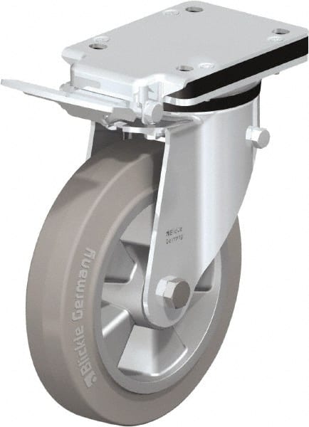 Blickle - 8" Diam x 1-31/32" Wide x 10-5/16" OAH Top Plate Mount Swivel Caster with Brake - Solid Rubber, 1,100 Lb Capacity, Ball Bearing, 5-1/2 x 4-3/8" Plate - Exact Tooling