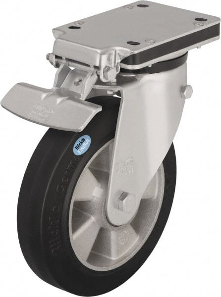 Blickle - 6-1/2" Diam x 1-31/32" Wide x 8-5/8" OAH Top Plate Mount Swivel Caster with Brake - Solid Rubber, 880 Lb Capacity, Ball Bearing, 5-1/2 x 4-3/8" Plate - Exact Tooling