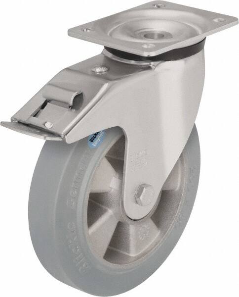 Blickle - 5" Diam x 1-31/32" Wide x 6-11/16" OAH Top Plate Mount Swivel Caster with Brake - Solid Rubber, 594 Lb Capacity, Ball Bearing, 5-1/2 x 4-3/8" Plate - Exact Tooling