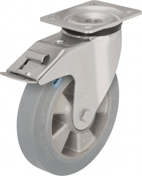 Blickle - 8" Diam x 1-31/32" Wide x 9-21/32" OAH Top Plate Mount Swivel Caster with Brake - Solid Rubber, 1,100 Lb Capacity, Ball Bearing, 5-1/2 x 4-3/8" Plate - Exact Tooling