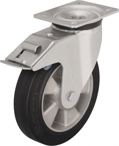 Blickle - 6-1/2" Diam x 1-31/32" Wide x 7-61/64" OAH Top Plate Mount Swivel Caster with Brake - Solid Rubber, 880 Lb Capacity, Ball Bearing, 5-1/2 x 4-3/8" Plate - Exact Tooling