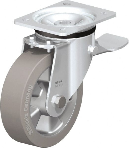 Blickle - 6-1/2" Diam x 1-31/32" Wide x 7-61/64" OAH Top Plate Mount Swivel Caster with Brake - Solid Rubber, 880 Lb Capacity, Ball Bearing, 5-1/2 x 4-3/8" Plate - Exact Tooling
