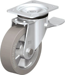 Blickle - 6-1/2" Diam x 1-31/32" Wide x 7-61/64" OAH Top Plate Mount Swivel Caster with Brake - Solid Rubber, 880 Lb Capacity, Ball Bearing, 5-1/2 x 4-3/8" Plate - Exact Tooling