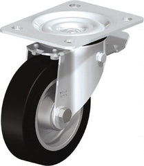 Blickle - 5" Diam x 1-37/64" Wide x 6-7/64" OAH Top Plate Mount Swivel Caster with Brake - Solid Rubber, 550 Lb Capacity, Ball Bearing, 5-1/2 x 4-3/8" Plate - Exact Tooling