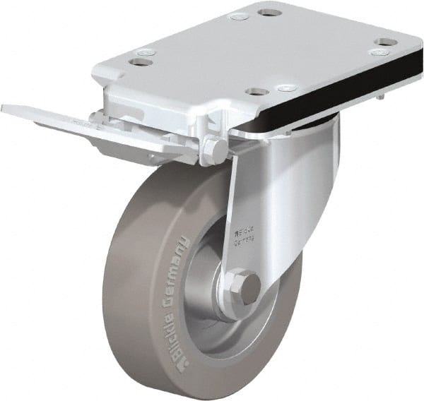 Blickle - 5" Diam x 1-37/64" Wide x 7-49/64" OAH Top Plate Mount Swivel Caster with Brake - Solid Rubber, 550 Lb Capacity, Ball Bearing, 5-1/2 x 4-3/8" Plate - Exact Tooling