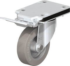 Blickle - 5" Diam x 1-37/64" Wide x 7-49/64" OAH Top Plate Mount Swivel Caster with Brake - Solid Rubber, 550 Lb Capacity, Ball Bearing, 5-1/2 x 4-3/8" Plate - Exact Tooling