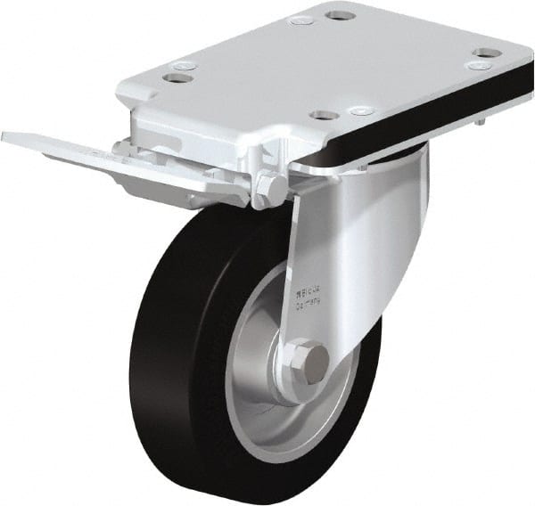 Blickle - 5" Diam x 1-37/64" Wide x 7-49/64" OAH Top Plate Mount Swivel Caster with Brake - Solid Rubber, 550 Lb Capacity, Ball Bearing, 5-1/2 x 4-3/8" Plate - Exact Tooling