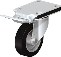 Blickle - 5" Diam x 1-37/64" Wide x 7-49/64" OAH Top Plate Mount Swivel Caster with Brake - Solid Rubber, 550 Lb Capacity, Ball Bearing, 5-1/2 x 4-3/8" Plate - Exact Tooling