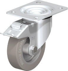 Blickle - 5" Diam x 1-37/64" Wide x 6-7/64" OAH Top Plate Mount Swivel Caster with Brake - Solid Rubber, 550 Lb Capacity, Ball Bearing, 5-1/2 x 4-3/8" Plate - Exact Tooling