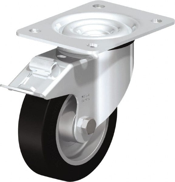Blickle - 5" Diam x 1-37/64" Wide x 6-7/64" OAH Top Plate Mount Swivel Caster with Brake - Solid Rubber, 550 Lb Capacity, Ball Bearing, 5-1/2 x 4-3/8" Plate - Exact Tooling
