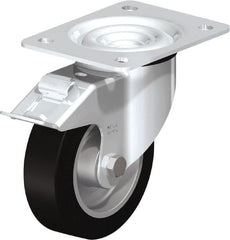 Blickle - 5" Diam x 1-37/64" Wide x 6-7/64" OAH Top Plate Mount Swivel Caster with Brake - Solid Rubber, 550 Lb Capacity, Ball Bearing, 5-1/2 x 4-3/8" Plate - Exact Tooling