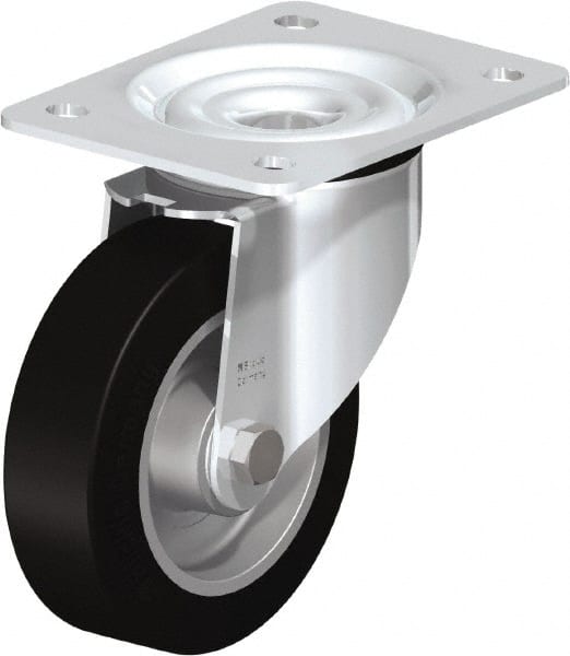Blickle - 5" Diam x 1-37/64" Wide x 6-7/64" OAH Top Plate Mount Swivel Caster - Solid Rubber, 550 Lb Capacity, Ball Bearing, 5-1/2 x 4-3/8" Plate - Exact Tooling