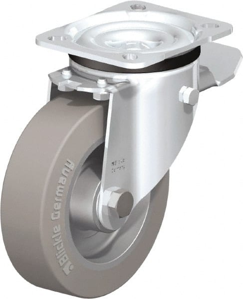 Blickle - 5" Diam x 1-37/64" Wide x 6-7/64" OAH Top Plate Mount Swivel Caster with Brake - Solid Rubber, 550 Lb Capacity, Ball Bearing, 3-15/16 x 3-3/8" Plate - Exact Tooling