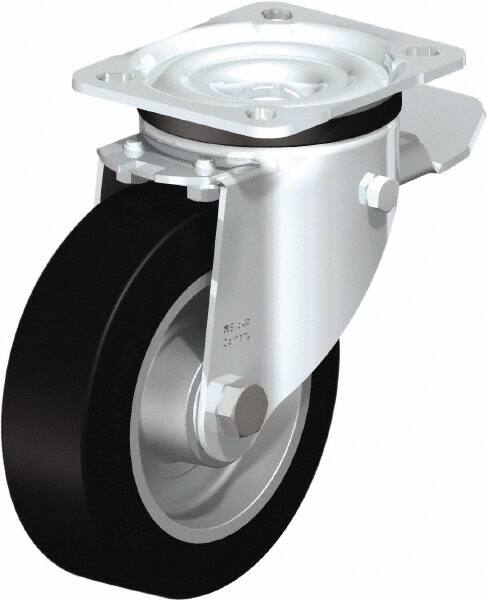 Blickle - 5" Diam x 1-37/64" Wide x 6-7/64" OAH Top Plate Mount Swivel Caster with Brake - Solid Rubber, 550 Lb Capacity, Ball Bearing, 3-15/16 x 3-3/8" Plate - Exact Tooling