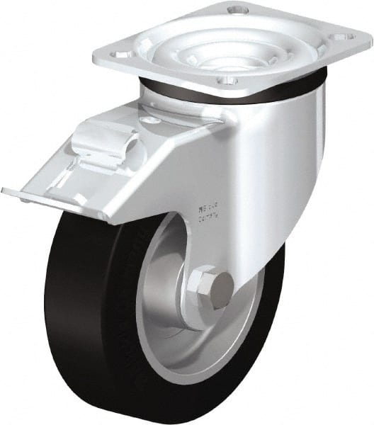 Blickle - 5" Diam x 1-37/64" Wide x 6-7/64" OAH Top Plate Mount Swivel Caster with Brake - Solid Rubber, 550 Lb Capacity, Ball Bearing, 3-15/16 x 3-3/8" Plate - Exact Tooling