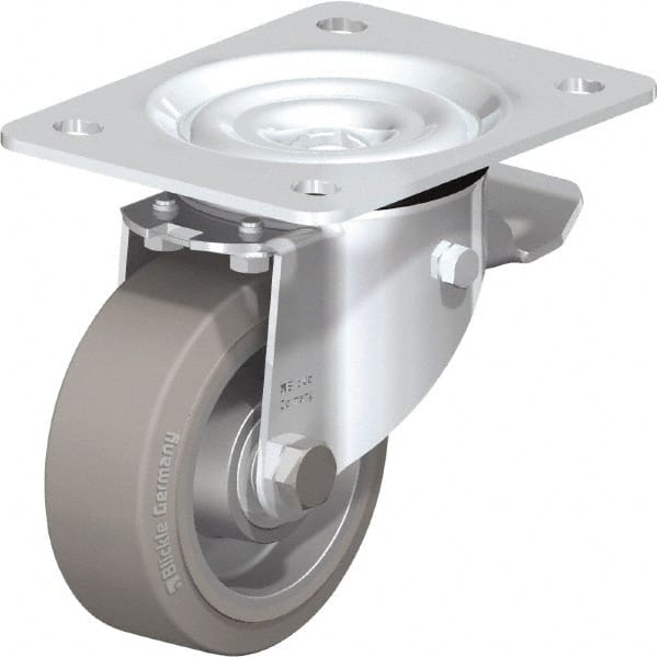 Blickle - 4" Diam x 1-37/64" Wide x 5-7/64" OAH Top Plate Mount Swivel Caster with Brake - Solid Rubber, 440 Lb Capacity, Ball Bearing, 5-1/2 x 4-3/8" Plate - Exact Tooling
