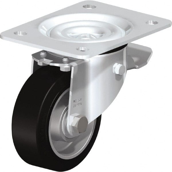 Blickle - 4" Diam x 1-37/64" Wide x 5-7/64" OAH Top Plate Mount Swivel Caster with Brake - Solid Rubber, 440 Lb Capacity, Ball Bearing, 5-1/2 x 4-3/8" Plate - Exact Tooling