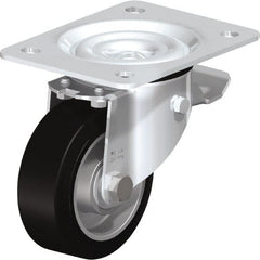 Blickle - 4" Diam x 1-37/64" Wide x 5-7/64" OAH Top Plate Mount Swivel Caster with Brake - Solid Rubber, 440 Lb Capacity, Ball Bearing, 5-1/2 x 4-3/8" Plate - Exact Tooling