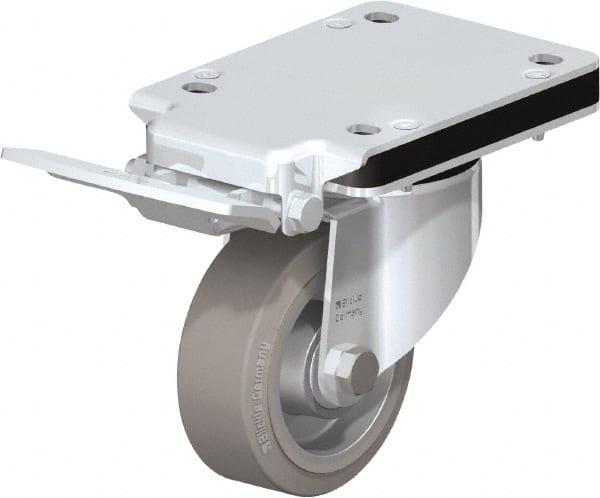 Blickle - 4" Diam x 1-37/64" Wide x 5-5/32" OAH Top Plate Mount Swivel Caster with Brake - Solid Rubber, 440 Lb Capacity, Ball Bearing, 5-1/2 x 4-3/8" Plate - Exact Tooling