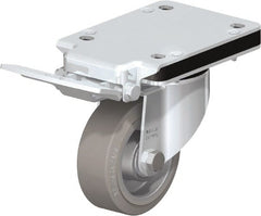 Blickle - 4" Diam x 1-37/64" Wide x 5-5/32" OAH Top Plate Mount Swivel Caster with Brake - Solid Rubber, 440 Lb Capacity, Ball Bearing, 5-1/2 x 4-3/8" Plate - Exact Tooling