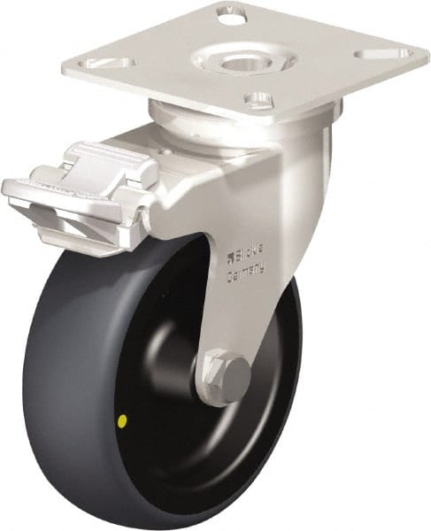 Blickle - 3" Diam x 63/64" Wide x 3-15/16" OAH Top Plate Mount Swivel Caster with Brake - Thermoplastic Rubber Elastomer (TPE), 110 Lb Capacity, Plain Bore Bearing, 2-3/8 x 2-3/8" Plate - Exact Tooling