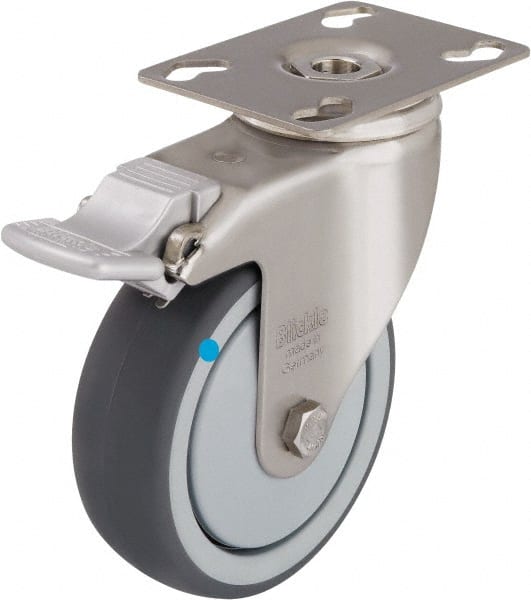 Blickle - 3" Diam x 1-1/4" Wide x 4-3/8" OAH Top Plate Mount Swivel Caster with Brake - Thermoplastic Rubber Elastomer (TPE), 220 Lb Capacity, Ball Bearing, 3-9/16 x 2-5/8" Plate - Exact Tooling
