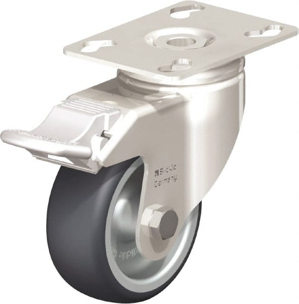 Blickle - 3" Diam x 1-1/4" Wide x 4-3/8" OAH Top Plate Mount Swivel Caster with Brake - Thermoplastic Rubber Elastomer (TPE), 220 Lb Capacity, Plain Bore Bearing, 3-9/16 x 2-5/8" Plate - Exact Tooling