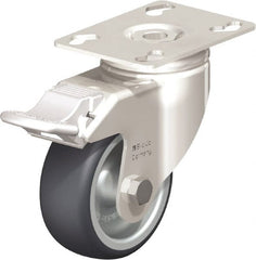 Blickle - 3" Diam x 1-1/4" Wide x 4-3/8" OAH Top Plate Mount Swivel Caster with Brake - Thermoplastic Rubber Elastomer (TPE), 220 Lb Capacity, Plain Bore Bearing, 3-9/16 x 2-5/8" Plate - Exact Tooling