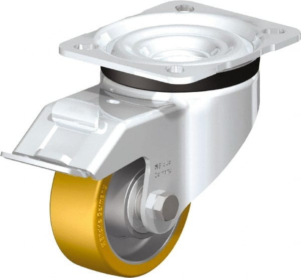Blickle - 3" Diam x 1-11/64" Wide x 4-21/64" OAH Top Plate Mount Swivel Caster with Brake - Polyurethane-Elastomer Blickle Extrathane, 396 Lb Capacity, Ball Bearing, 3-15/16 x 3-3/8" Plate - Exact Tooling