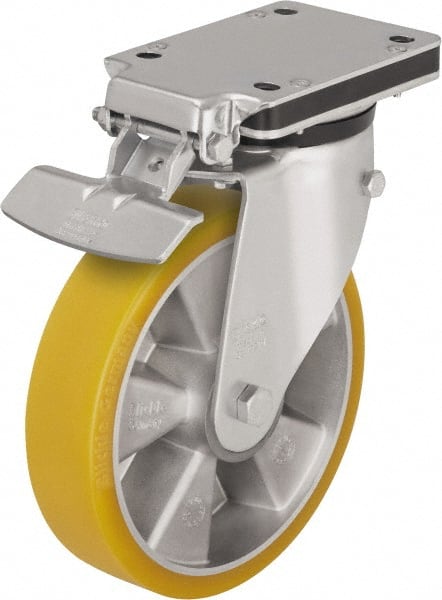 Blickle - 8" Diam x 1-31/32" Wide x 10-5/16" OAH Top Plate Mount Swivel Caster with Brake - Polyurethane-Elastomer Blickle Extrathane, 1,320 Lb Capacity, Ball Bearing, 5-1/2 x 4-3/8" Plate - Exact Tooling