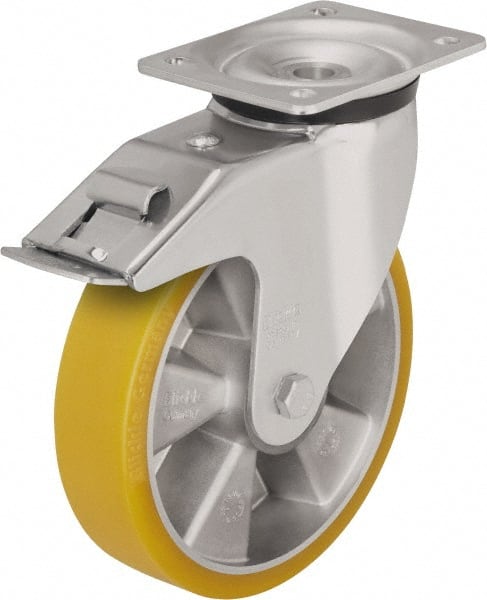 Blickle - 8" Diam x 1-31/32" Wide x 9-41/64" OAH Top Plate Mount Swivel Caster with Brake - Polyurethane-Elastomer Blickle Extrathane, 1,320 Lb Capacity, Ball Bearing, 5-1/2 x 4-3/8" Plate - Exact Tooling